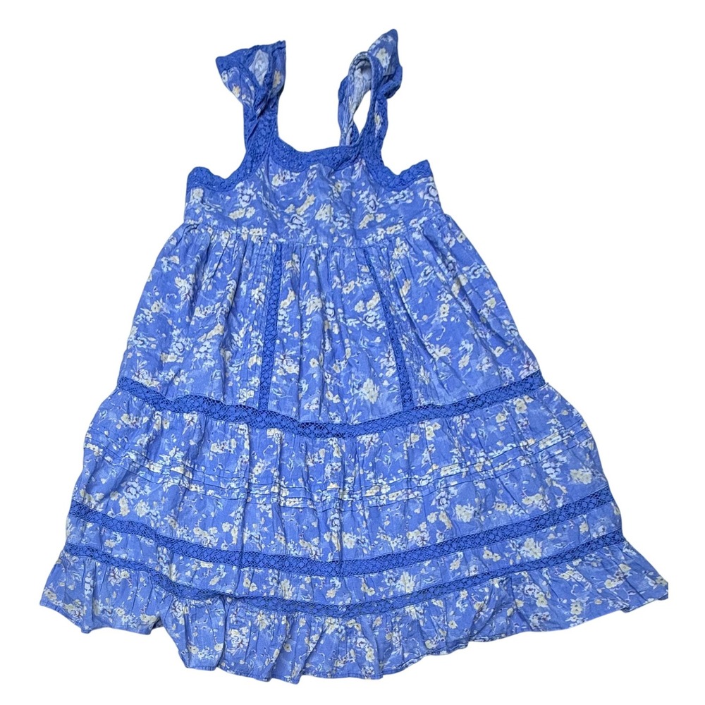 LoveShackFancy Blue Floral Tiered Cotton Dress Crochet Lace Trim Kids 2-3Y T9